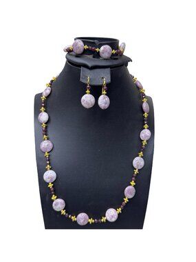 Stauer Purple Amethyst Stone Beaded Necklace Bracelet  Earring Set Gold Tone 21"